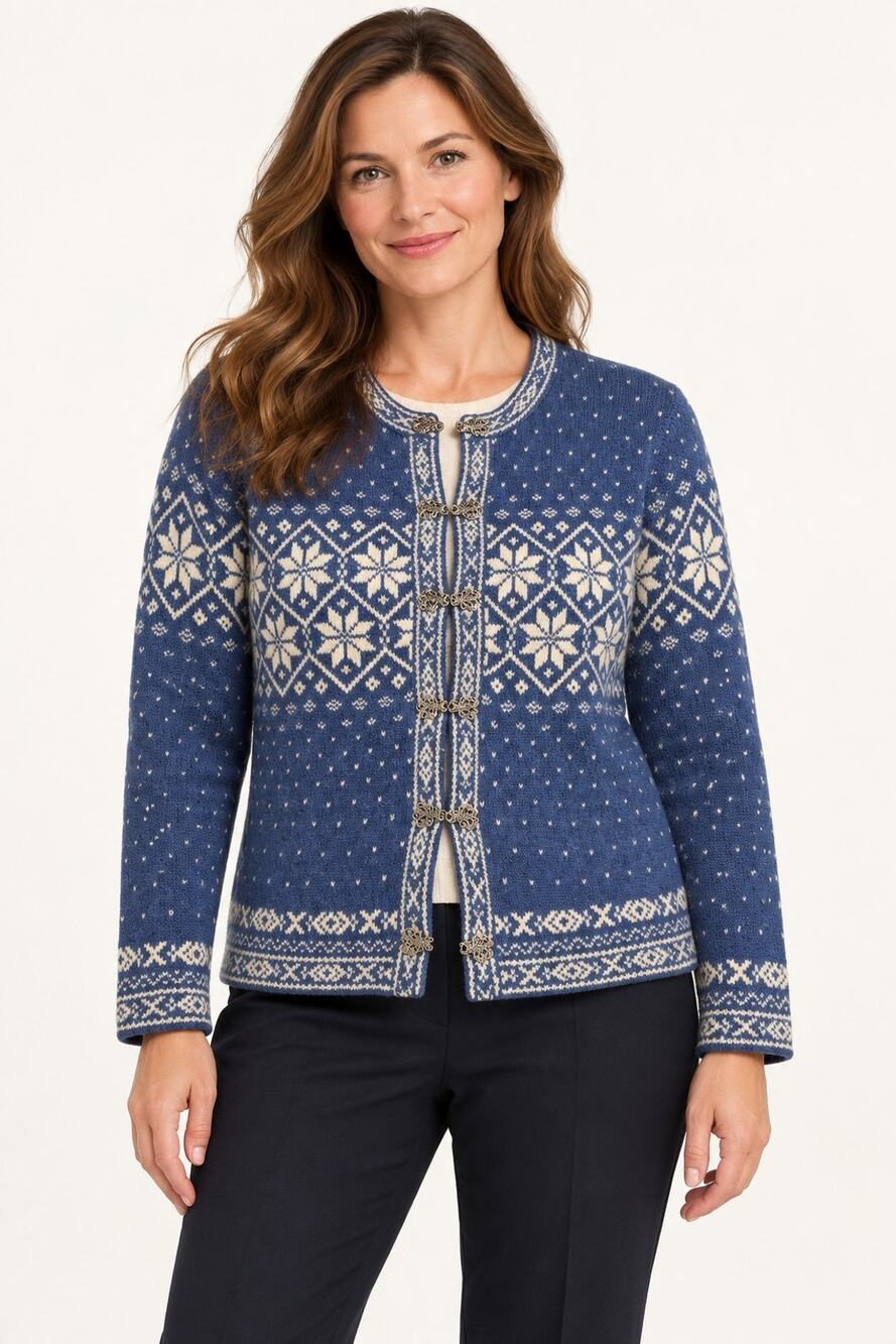 Croft & Barrow Fair Isle Cardigan Sweater Women’s M Blue Cream Nordic Hook Clasp